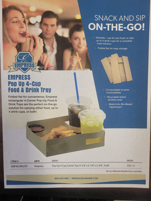 Empress Pop Up 4-Cup Carrier Tray 9-1/8" x 6-7/8" x 2-3/8" , Kraft 250 / cs