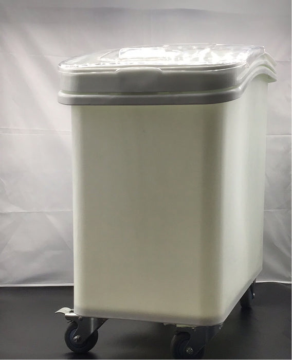 Baker's Mark 27 Gallon / 430 Cup White Slant Top Mobile Ingredient Storage Bin with Sliding Lid & Scoop
