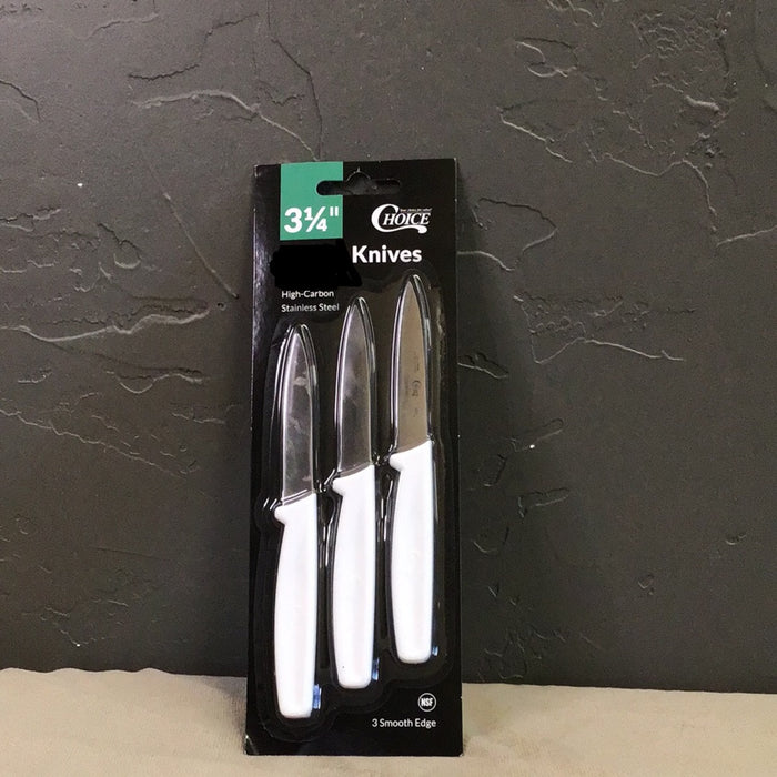 Choice 3 1/4" Paring Knife Set with 1 Serrated and 2 Smooth Edge Knives with White Handles