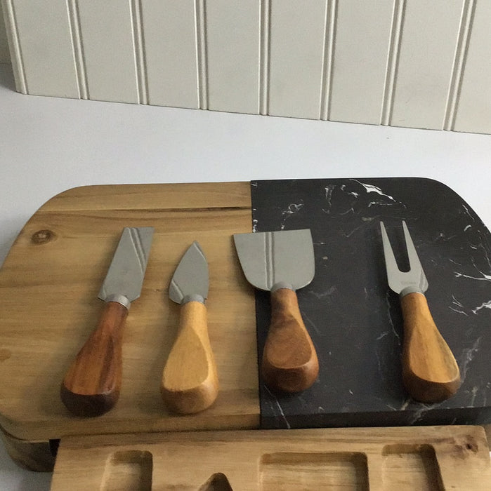 Black Marble & Wood Cheese Board Set with knifes