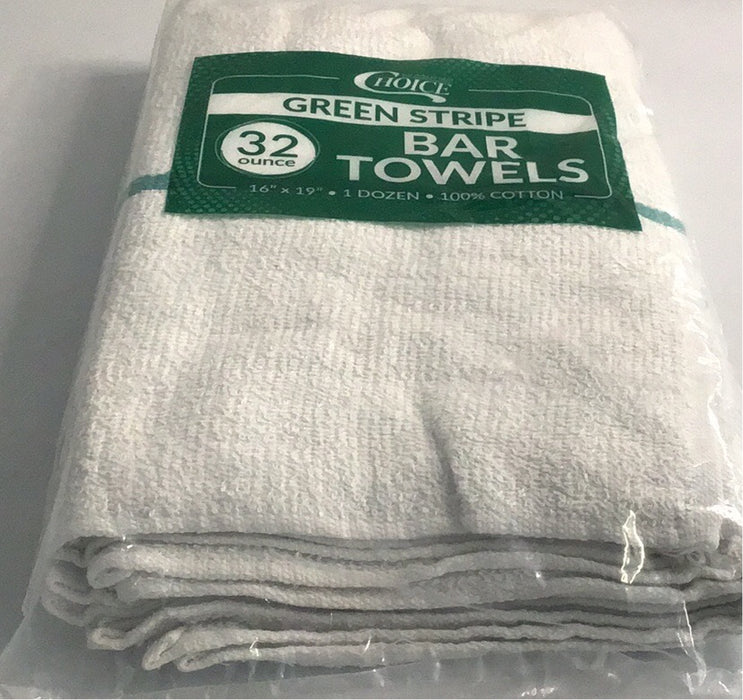 Choice 16" x 19" Green Striped 32 oz. 100% Cotton Bar Towel - 12/Pack