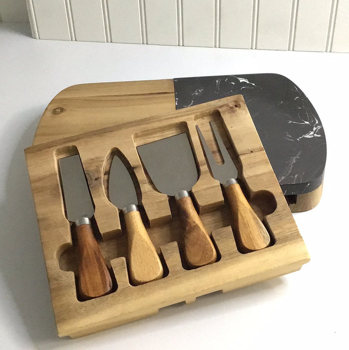 Black Marble & Wood Cheese Board Set with knifes