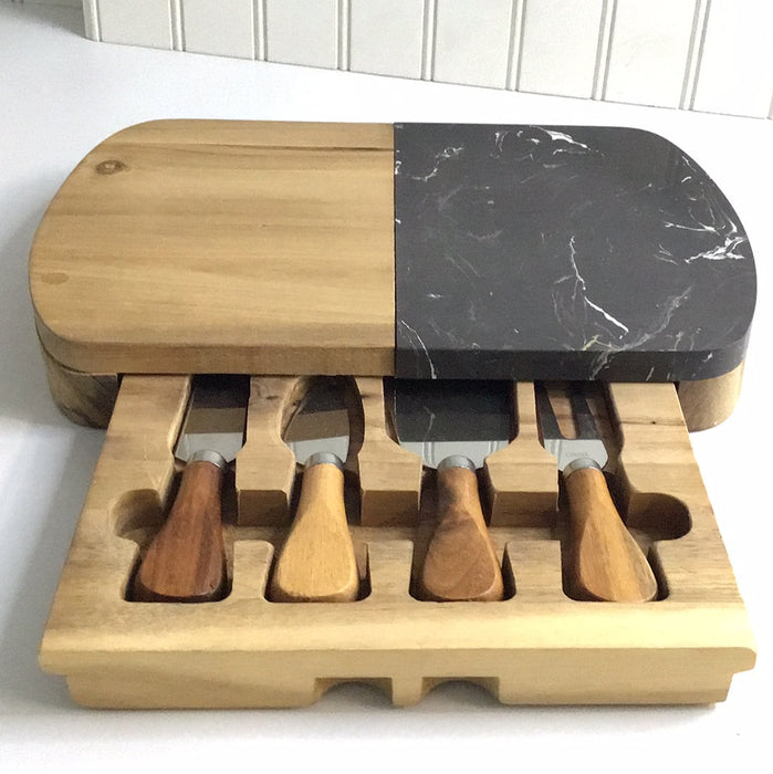 Black Marble & Wood Cheese Board Set with knifes