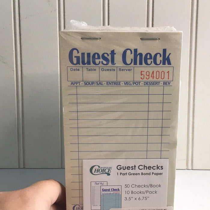 Choice 1 Part Green and White Guest Check with Bottom Guest Receipt- 10/pk