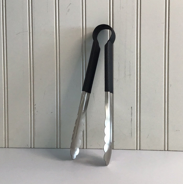 Choice 9 1/2 Black Coated Handle Stainless Steel Scalloped Tongs